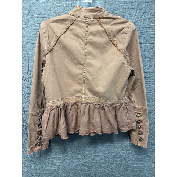 Free People Military Inspired Ruffle Jacket Button Front Distressed Brown Size M - Picture 3 of 15